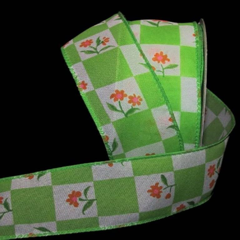 1 Pcs 1 1/2"W Sheer Wired Ribbon Gingham Flower Orange Checkered Color 10 Yards, Ribbon for Gift Wrapping | #AA120RK
