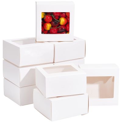 BENECREAT 18Packs 4.7x4.7x2.4inch Clear PVC Square Window Gift Boxes, White Kraft Paper Present Boxes for Baby Showers, Weddings, Birthday Parties