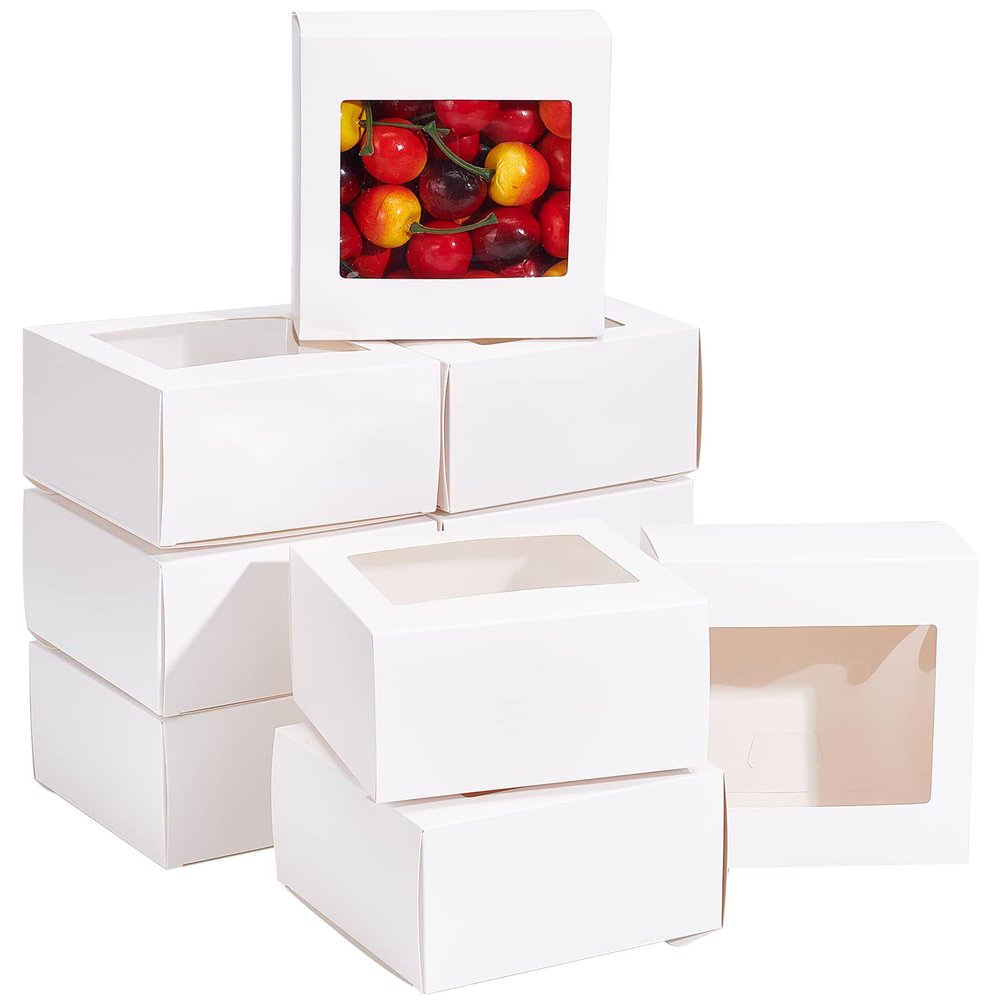 BENECREAT 18Packs 4.7x4.7x2.4inch Clear PVC Square Window Gift Boxes, White Kraft Paper Present Boxes for Baby Showers, Weddings, Birthday Parties