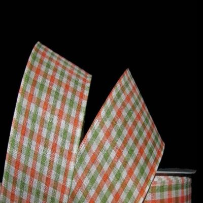 1 Pcs 2 1/2"W Gingham Wired Ribbon Orange Green Ivory Color 10 Yards, Ribbon for Gift Wrapping | #AA120RK
