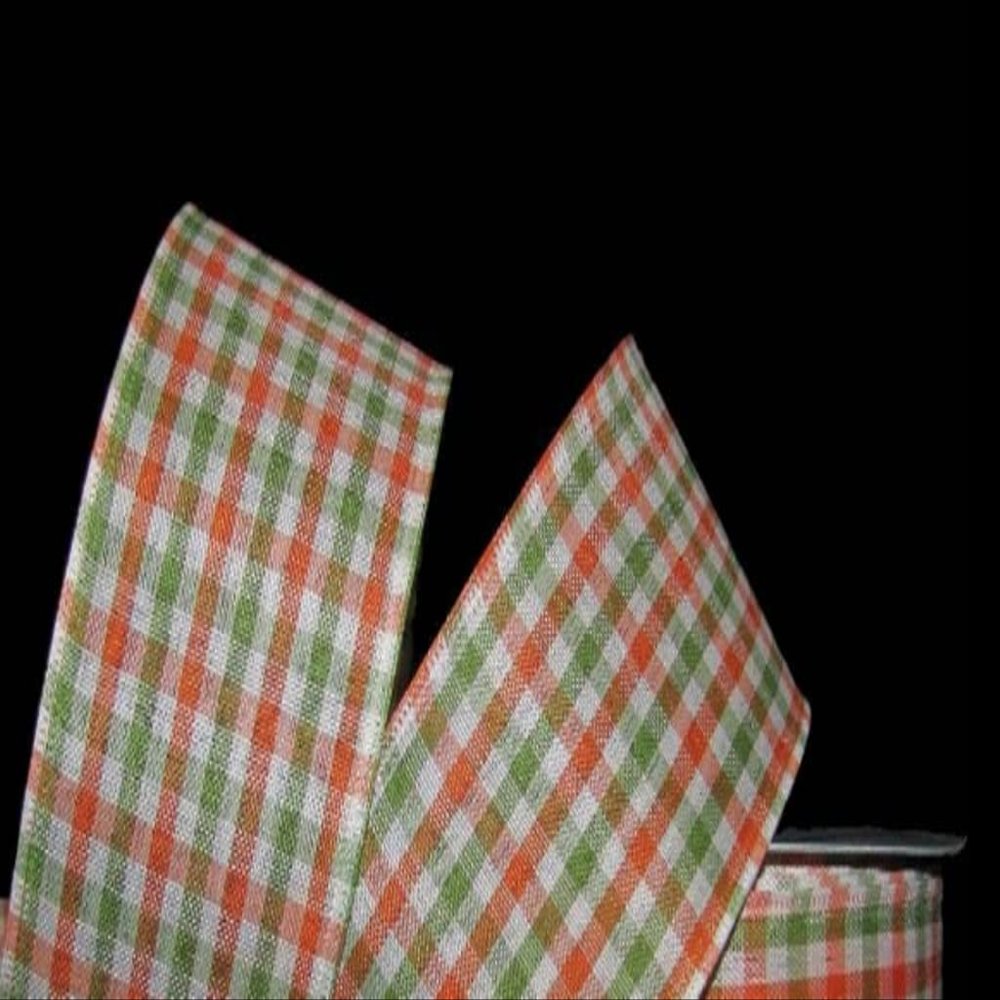 1 Pcs 2 1/2"W Gingham Wired Ribbon Orange Green Ivory Color 10 Yards, Ribbon for Gift Wrapping | #AA120RK