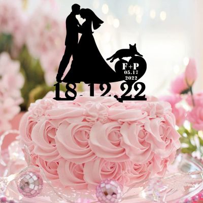 Beach Mr & Mrs Wedding Anniversary Cake Toppers Silhouette Acrylic Black With Dog Cat Mr & Mrs Silhouette Cake Toppers Customize Name Est Date For Wedding Anniversary Cake Decorations Engagement Gift