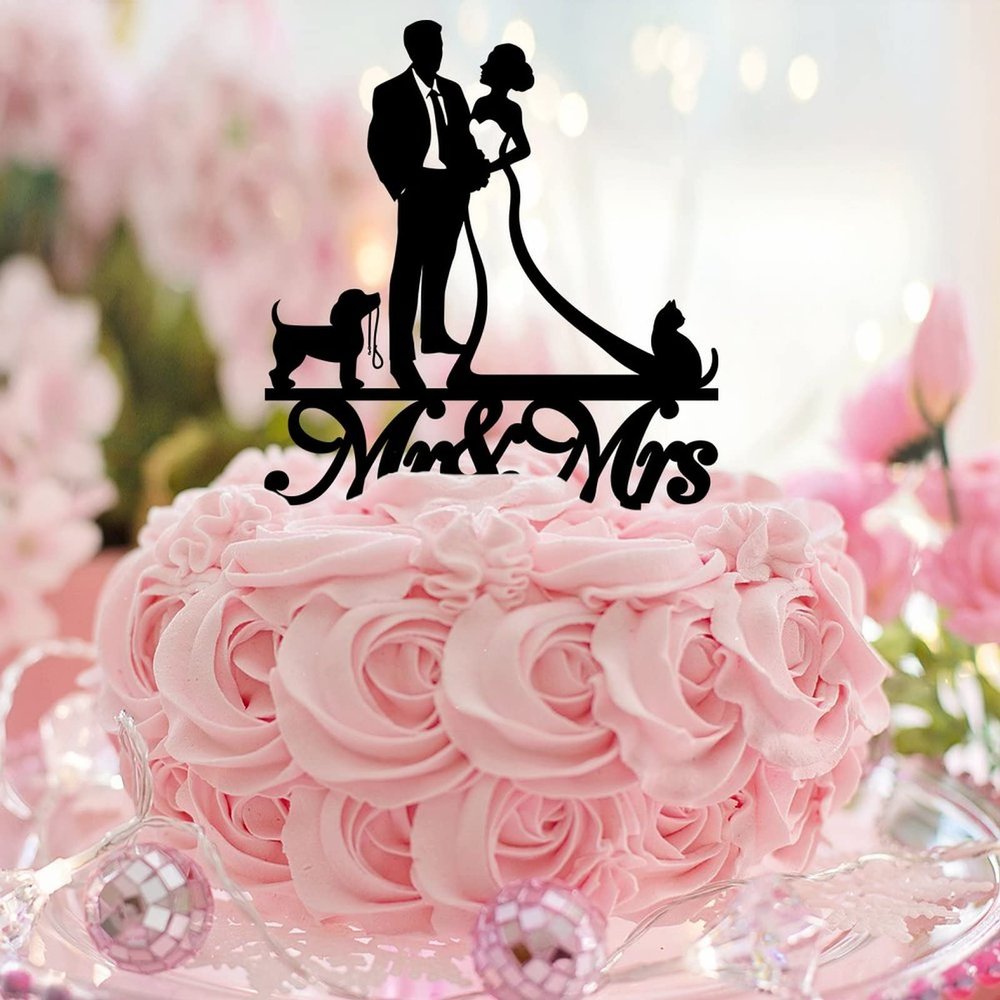 Bride And Groom Cake Toppers With Dog Cat Mr & Mrs Cake Toppers Silhouette Retro Personalized Couple Names Wedding Est Date For Wedding Engagement Party Decorations Bridal Shower Gifts Acrylic Black