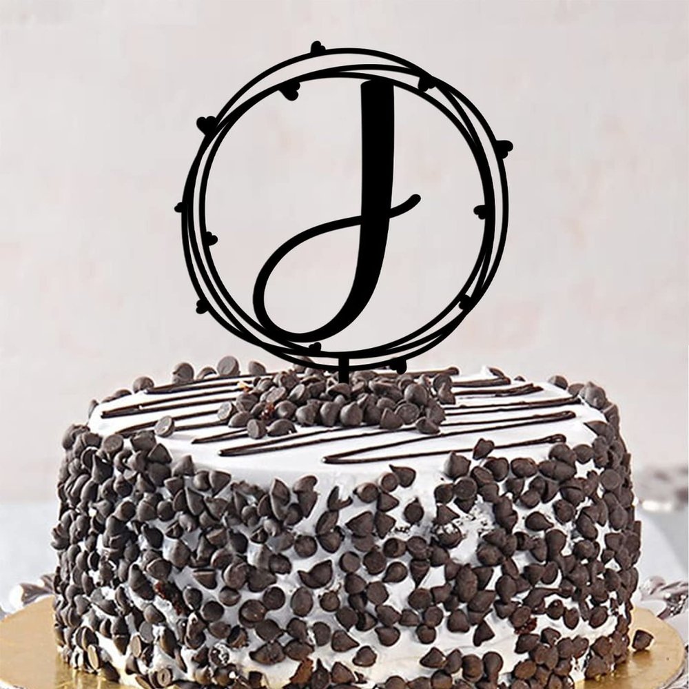 Acrylic Black Letter J Cake Topper Initial Name Flower Greenery For Wedding Anniversary Party Favors Floral Wreath Reusable Romantic Birthday Gifts For Men Women