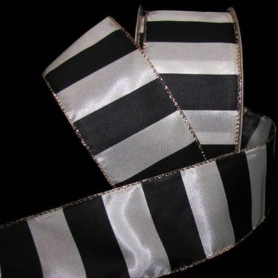 1 Pcs 2 1/2"W Gold Edge Wired Ribbon Black Ivory Striped 5 Yards, Ribbon for Gift Wrapping | #AA120RK
