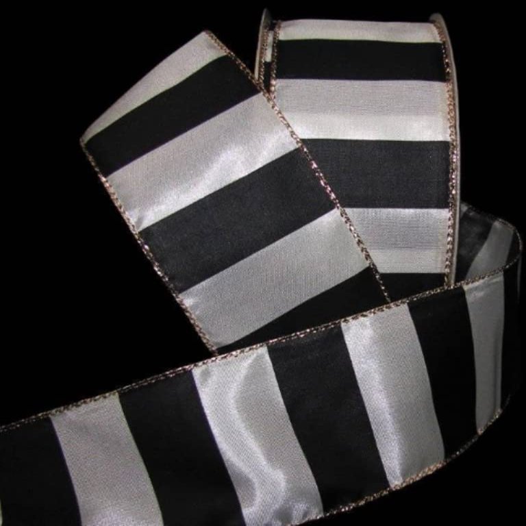 1 Pcs 2 1/2"W Gold Edge Wired Ribbon Black Ivory Striped 5 Yards, Ribbon for Gift Wrapping | #AA120RK