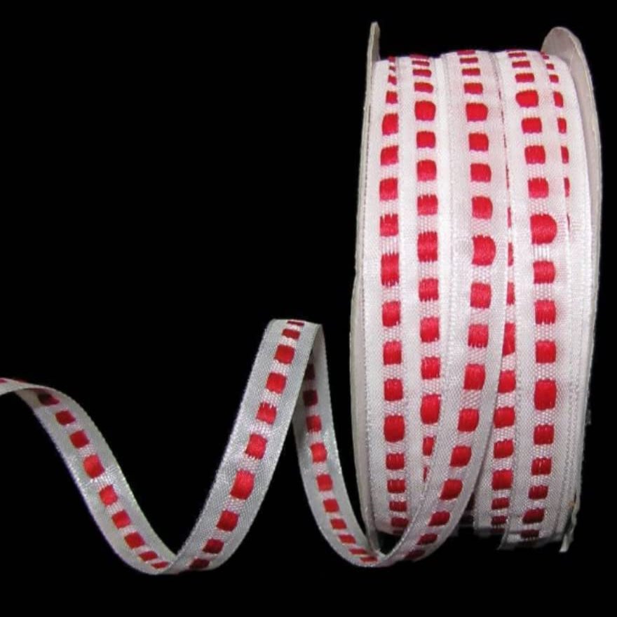 1 Pcs 3/8"W Woven Stitch Ribbon White Red Color 5 Yards, Ribbon for Gift Wrapping | #AA120RK