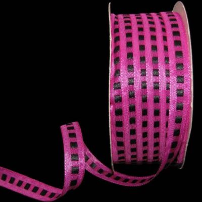 1 Pcs 3/8"W Woven Stitch Ribbon Fushia Pink Black Color 5 Yards, Ribbon for Gift Wrapping | #AA120RK