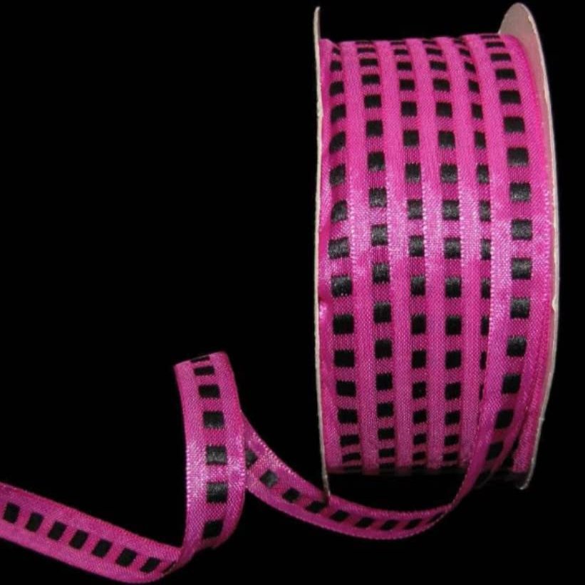 1 Pcs 3/8"W Woven Stitch Ribbon Fushia Pink Black Color 5 Yards, Ribbon for Gift Wrapping | #AA120RK