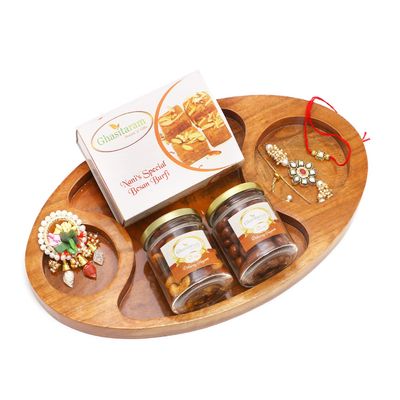 Ghasitaram Gifts Rakhi Gifts for Brothers Chip n Dip Platter with Besan Barfi, Dryfruits, Roli Chawal Thali and Bhaiya Bhabhi Rakhis