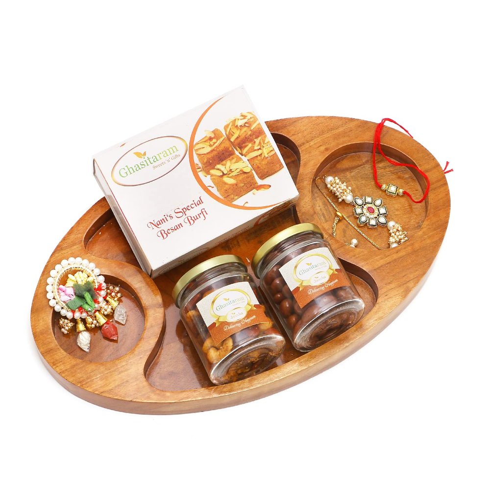 Ghasitaram Gifts Rakhi Gifts for Brothers Chip n Dip Platter with Besan Barfi, Dryfruits, Roli Chawal Thali and Bhaiya Bhabhi Rakhis