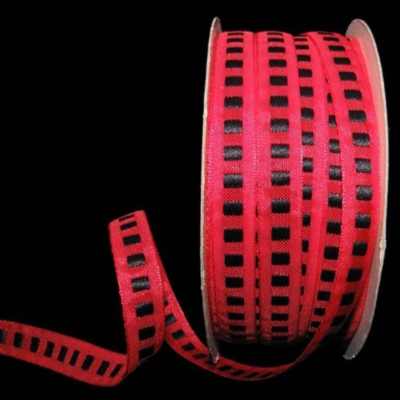 1 Pcs 3/8"W Woven Stitch Ribbon Red Black Color 5 Yards, Ribbon for Gift Wrapping | #AA120RK