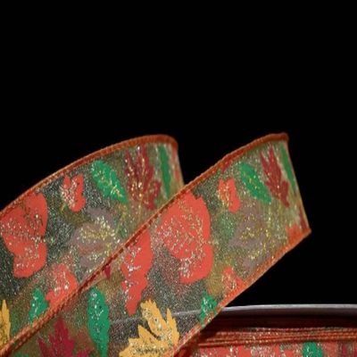 1 Pcs 1 1/2"W Sheer Wired Ribbon Fall Autumn Leaves Glitter Color 5 Yards, Ribbon for Gift Wrapping | #AA120RK