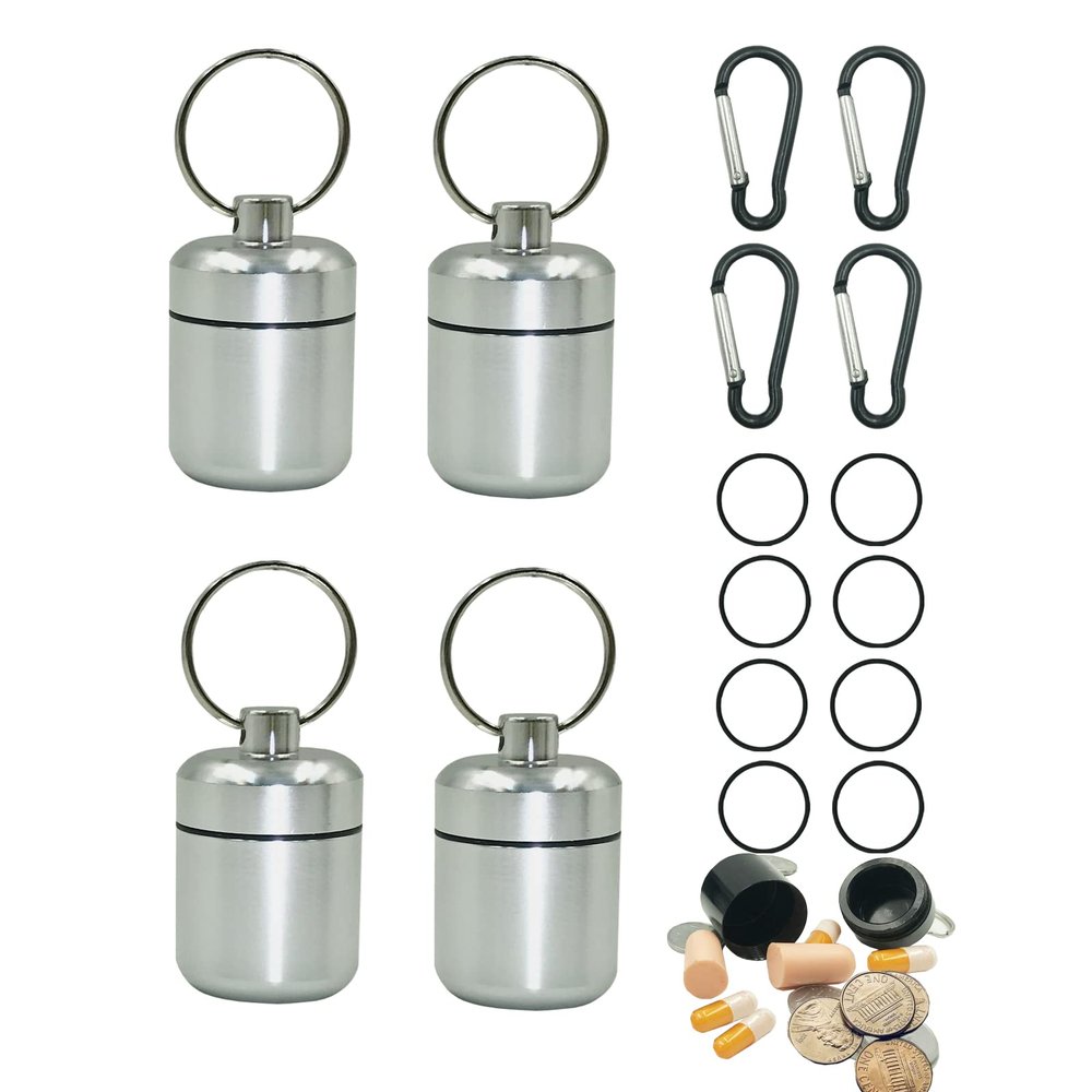 4 Pieces keychain pill holder,Waterproof Seal Small Pill Box Mountaineering Keychain Portable Aluminum Alloy Pill Container Portable Coin Storage earplug case (Silver)