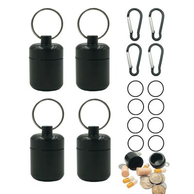 4 Pieces keychain pill holder,Waterproof Seal Small Pill Box Mountaineering Keychain Portable Aluminum Alloy Pill Container Portable Coin Storage earplug case (black)