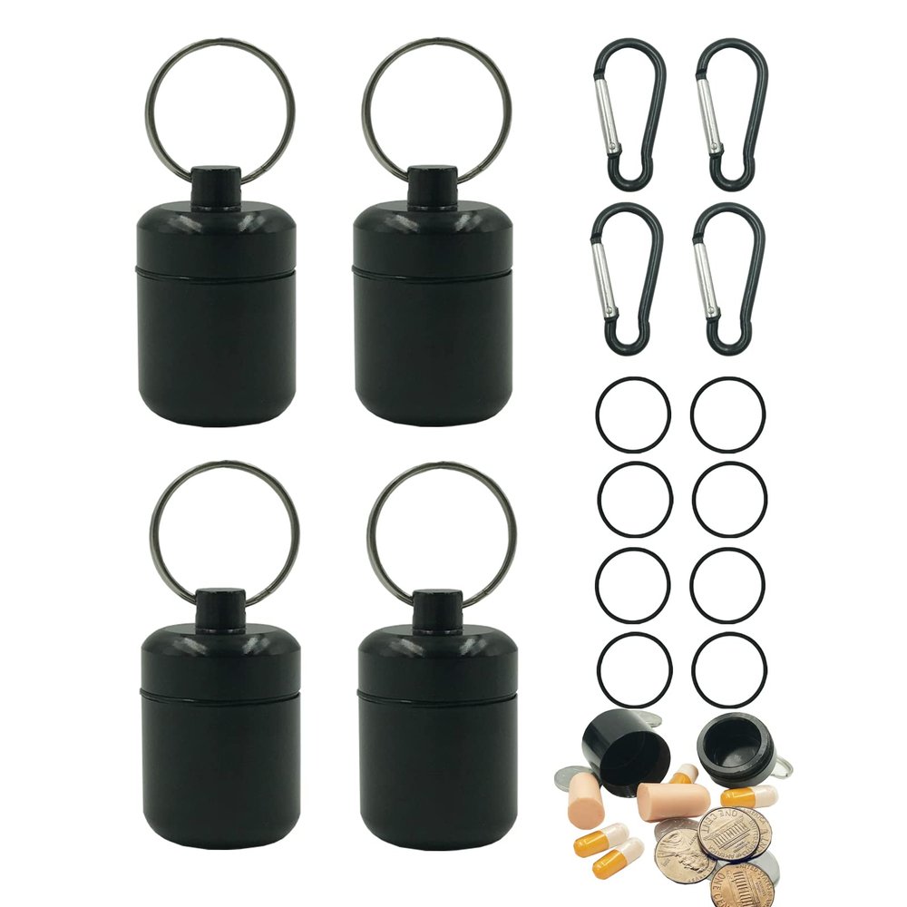 4 Pieces keychain pill holder,Waterproof Seal Small Pill Box Mountaineering Keychain Portable Aluminum Alloy Pill Container Portable Coin Storage earplug case (black)