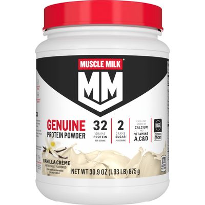 Muscle Milk Genuine Protein Powder, Vanilla Crme, 1.93 Pounds, 12 Servings, 32g Protein, 2g Sugar, Calcium, Vitamins A, C & D, NSF Certified for Sport, Energizing Snack, Packaging May Vary