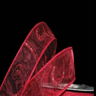 1 Pcs 1 1/2"W Sheer Wired Ribbon Solid Red Glitter Swirl 5 Yards, Ribbon for Gift Wrapping | #AA120RK