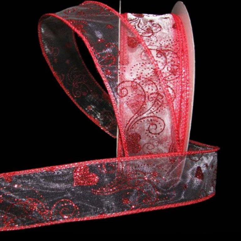 1 Pcs 1 1/2"W Sheer Wired Ribbon Red Glitter Hearts Swirls 5 Yards, Ribbon for Gift Wrapping | #AA120RK