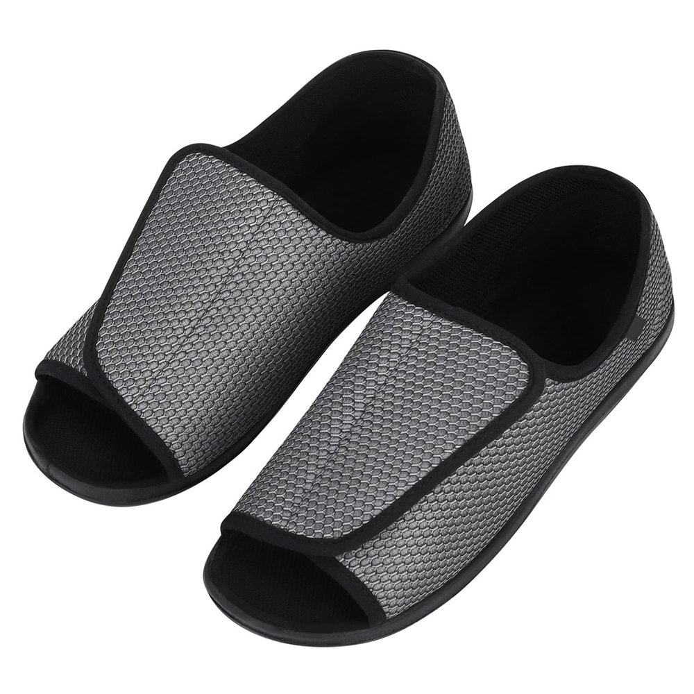 Mens Diabetic Recovery Slippers Open Toe Wide Width Edema Shoes Adjustable Walking Shoes Memory Foam Slide Slippers Footwear for Arthritis Swollen Feet Elderly Senior Indoor Outdoor Use