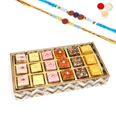 Ghasitaram Gifts Rakhi Gifts for Brothers Printed Blue Tray of Assorted Bites with 2 Blue Rudraksh Rakhis