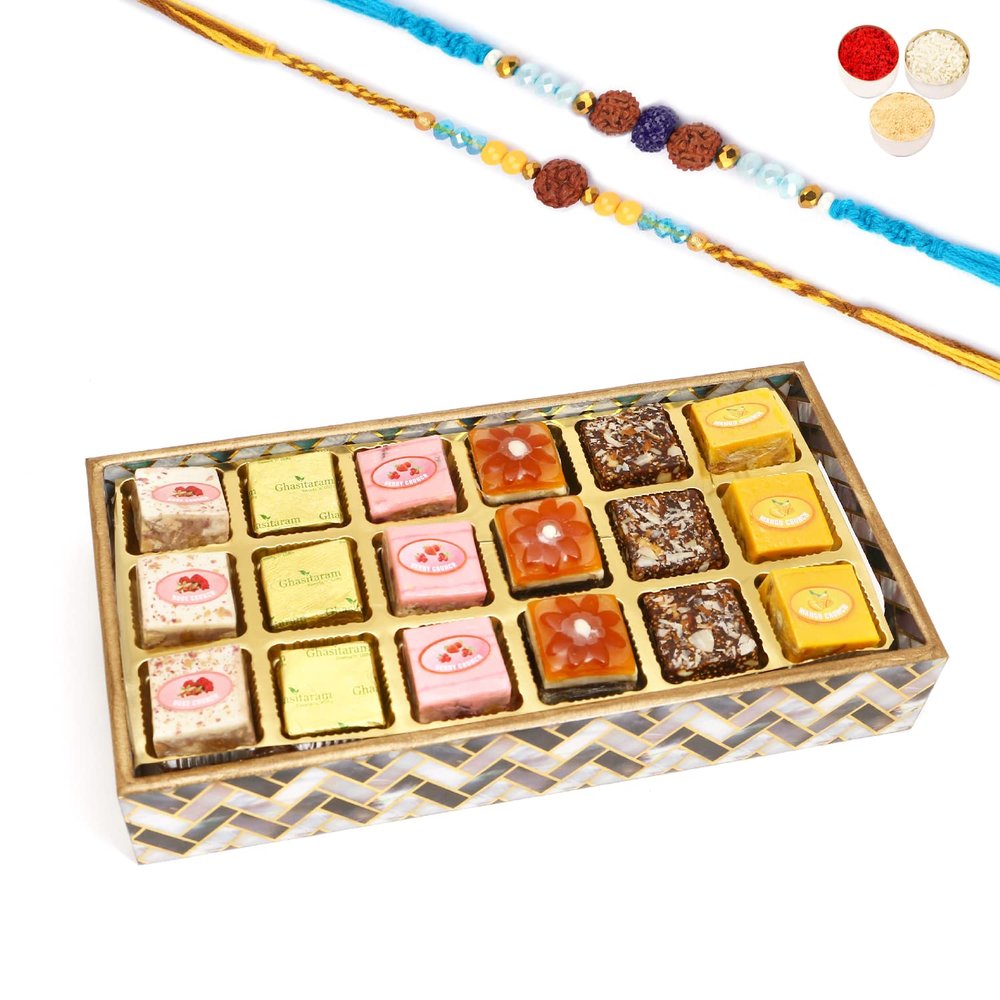 Ghasitaram Gifts Rakhi Gifts for Brothers Printed Blue Tray of Assorted Bites with 2 Blue Rudraksh Rakhis