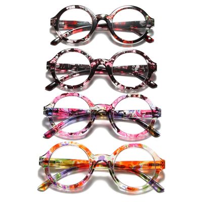 100 CLASSIC 4-Pack Oversized Round Blue Light Filtering/Anti-Glare Reading Glasses for Women Spring Hinges Floral Pattern Readers Ladies Fashion Eyeglasses (4.00x)