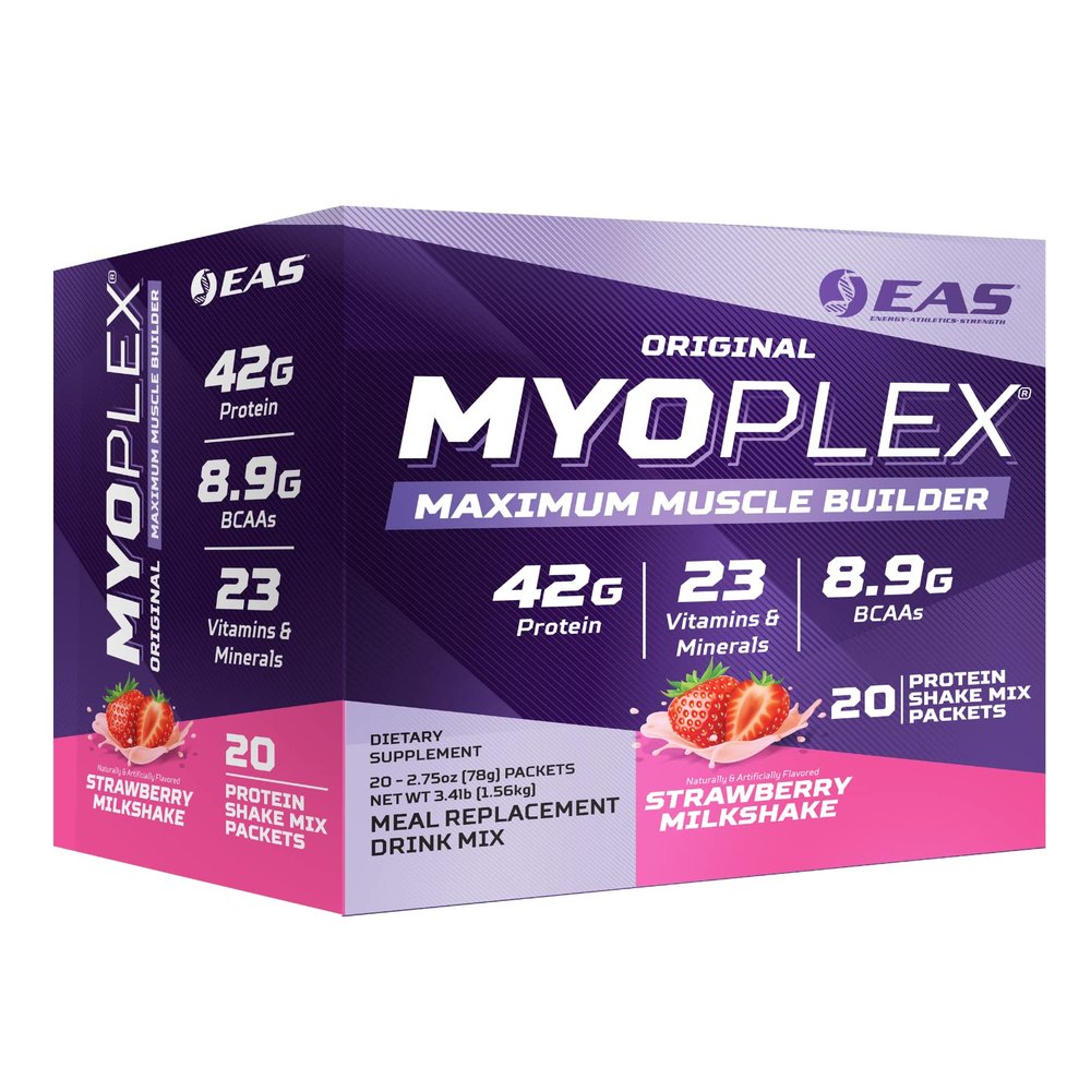EAS Original Myoplex Maximum Muscle Builder | Meal Replacement Protein Drink Mix | Quality Protein Blend | 42g Protein | 20 Individual Packets (Strawberry Milkshake)