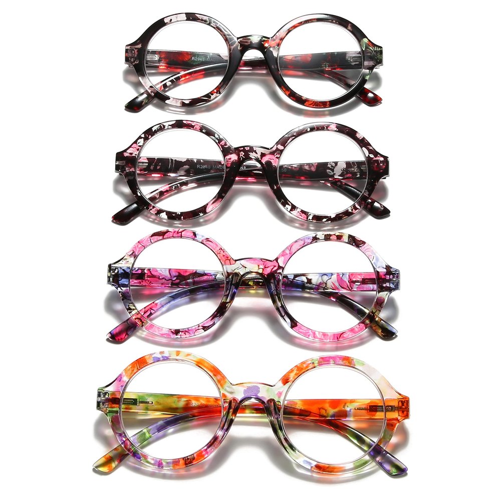 100 CLASSIC 4-Pack Oversized Round Blue Light Filtering/Anti-Glare Reading Glasses for Women Spring Hinges Floral Pattern Readers Ladies Fashion Eyeglasses (2.50x)