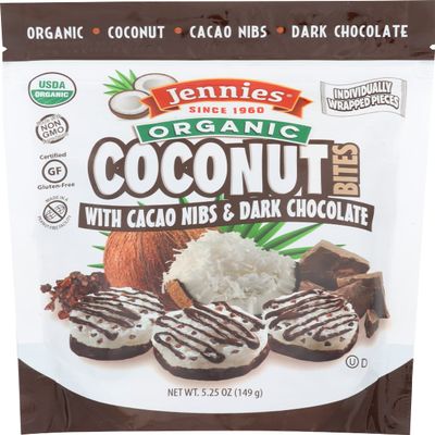 Jennies Organic Coconut Bites with Cacao Nibs, Gluten Free, Non-GMO, Peanut Free, 5.25 Ounce (Pack of 6)