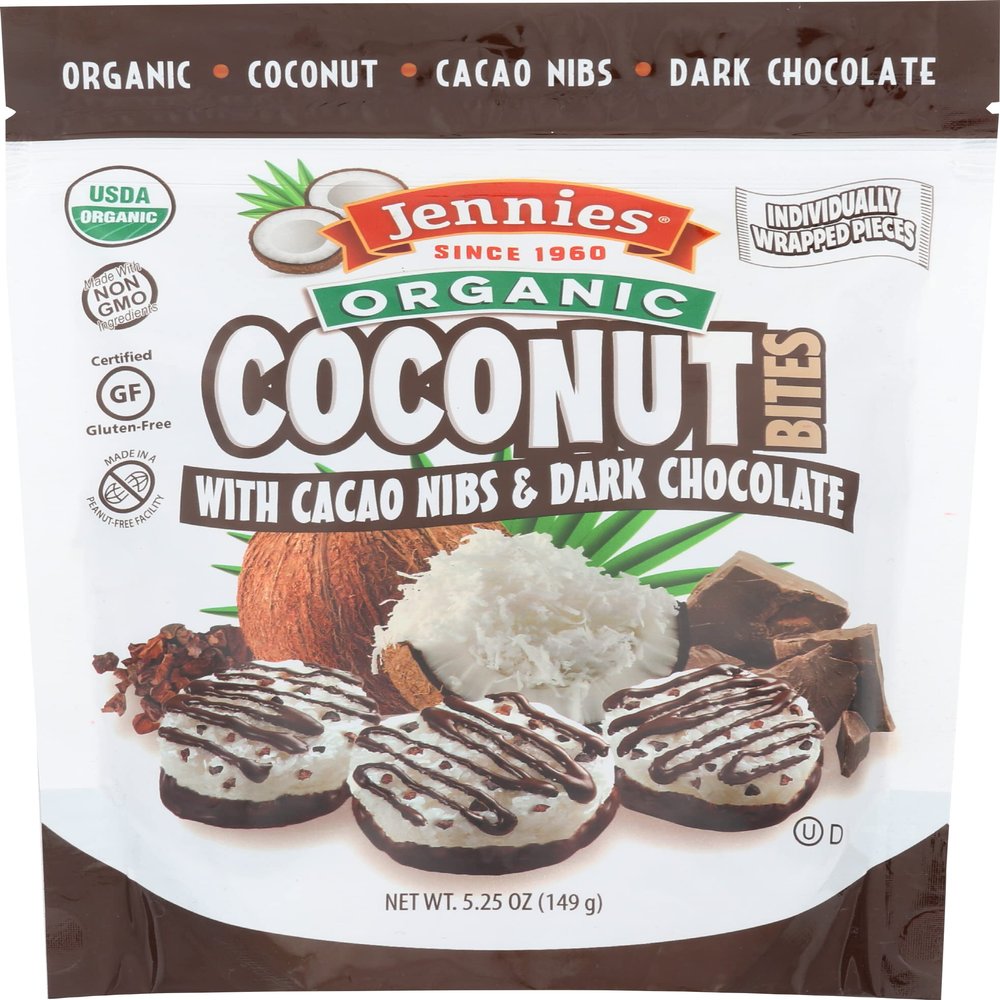 Jennies Organic Coconut Bites with Cacao Nibs, Gluten Free, Non-GMO, Peanut Free, 5.25 Ounce (Pack of 6)
