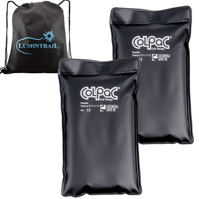 Chattanooga ColPac, Reusable Gel Ice Pack for Cold Therapy, 6.5" x 11" Half Size 2 Pack Bundle, Black Polyurethane, with a Lumintrail Drawstring Bag