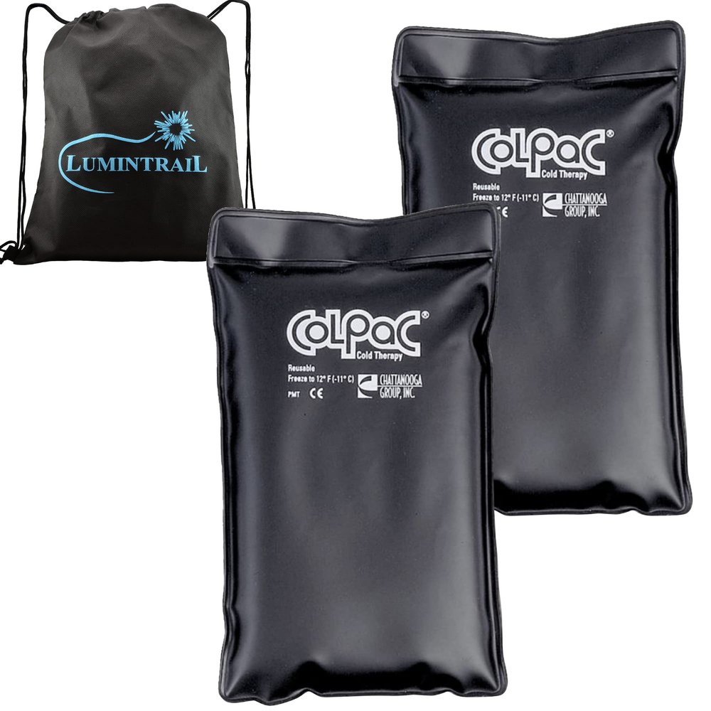Chattanooga ColPac, Reusable Gel Ice Pack for Cold Therapy, 6.5" x 11" Half Size 2 Pack Bundle, Black Polyurethane, with a Lumintrail Drawstring Bag