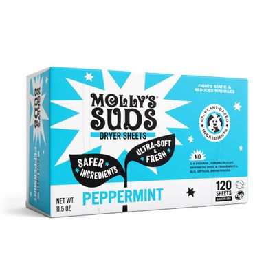 Molly's Suds Fabric Softener Dryer Sheets for Sensitive Skin | Plant-Based Static Reducer, Plastic-Free Packaging | Peppermint (120 Sheets)