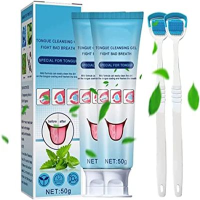 Tongue Cleaning Scraper Brush Kit, Tongue Cleaning Gel Oral Care Removes Oral Odor Fresh Breath Tongue Coating Cleaning Bad Breath for Adults, 50g (2pcs)