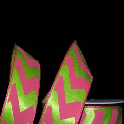 1 Pcs 1 1/2"W Chevron Stripe Zig Zag Satin Wired Ribbon Pink Green 5 Yards, Ribbon for Gift Wrapping | #AA120RK