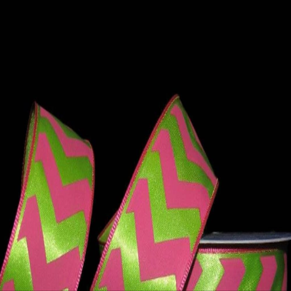 1 Pcs 1 1/2"W Chevron Stripe Zig Zag Satin Wired Ribbon Pink Green 5 Yards, Ribbon for Gift Wrapping | #AA120RK