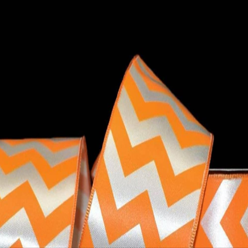 1 Pcs 2 1/2"W Chevron Stripes Satin Wired Ribbon Orange White 5 Yards, Chevron Ribbon for Gift Wrapping | #AA120RK