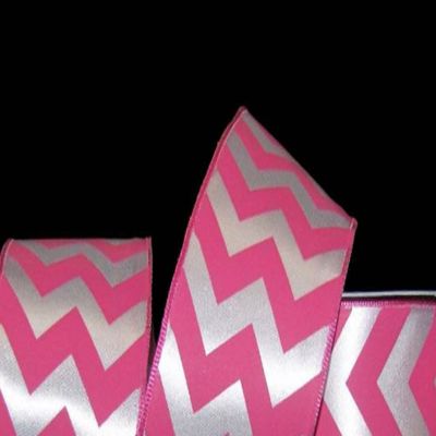 1 Pcs 2 1/2"W Chevron Stripes Satin Wired Ribbon Pink White 5 Yards, Chevron Ribbon for Gift Wrapping | #AA120RK