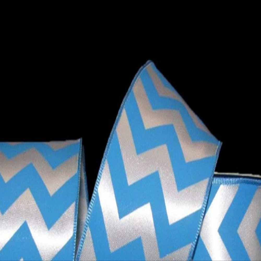 1 Pcs 2 1/2"W Chevron Stripes Satin Wired Ribbon Turquoise Blue White 5 Yards, Chevron Ribbon for Gift Wrapping | #AA120RK