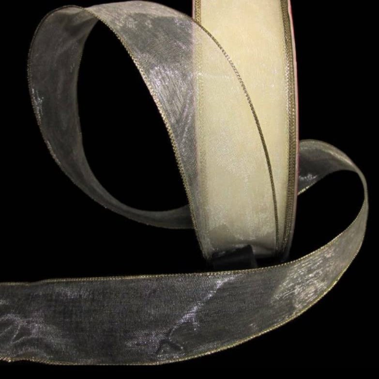 1 Pcs 1 1/2"W Edge Sheer Wired Ribbon Ivory Cream Gold 5 Yards, Ribbon for Gift Wrapping | #AA120RK