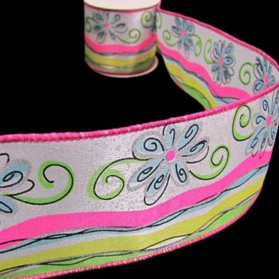 1 Pcs 2 1/2"W Satin Wired Ribbon Daisy Flower Colorful 3Yards, Ribbon for Gift Wrapping | #AA120RK