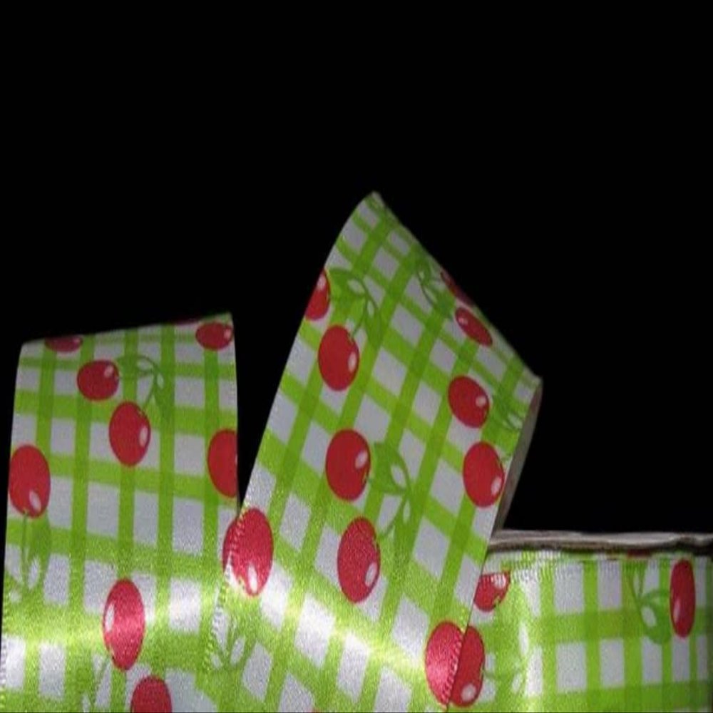 1 Pcs 2 1/2"W Checked White Satin Wired Ribbon Red Cherry Cherries Green 5 Yards, Ribbon for Gift Wrapping | #AA120RK