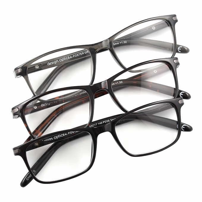 Design Optics by Foster Grant Cole Full Rim Rectangular Reading Glasses, 3-Pack (Shiny black/Classic tortoise/Shiny grey, 1.25, multiplier_x), 55mm