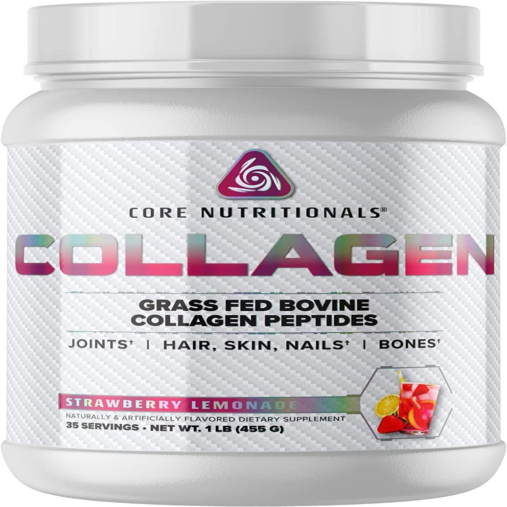 Core Nutritionals Hydrolyzed Collagen Peptides | Type I & III from Grass Fed Bovine | Hair, Skin, & Nails | Bone & Joint Support | 1 Pound (Strawberry Lemonade)