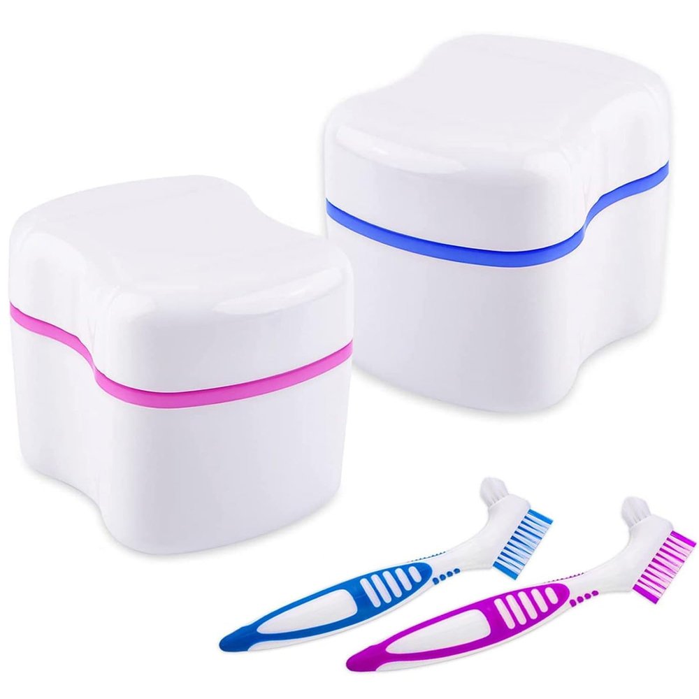 BTwood Denture Bath Kit  Includes 2 Denture Bath Cups, 2 Denture Cleaner Brushes, and 2 Strainer Baskets  Ideal for Dentures, Retainers, and Mouthguards