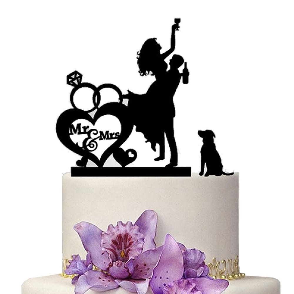 YAMI COCU Mr And Mrs Wedding Cake Toppers Bride and Groom With Dog Animal Black Color Acrylic Silhouette Heart Wedding Party Engagement Decoration