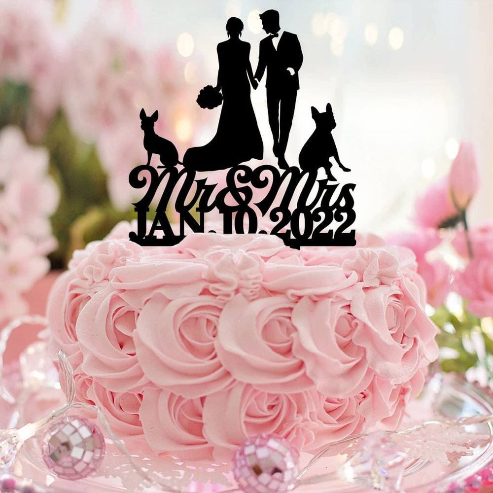 Elegant Mr & Mrs Wedding Anniversary Cake Topper Silhouette With Dog Cat Bride & Groom Cake Topper Custom Name Wedding Est Date For Wedding Bridal Shower Party Decor Wedding Gifts Acrylic Black