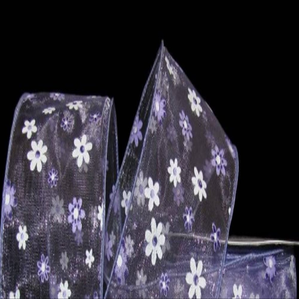 1 Pcs 2 1/2"W Sheer Wired Ribbon Purple White Daisy 25 Feet, Flowers Ribbon for Gift Wrapping | #AA120RK