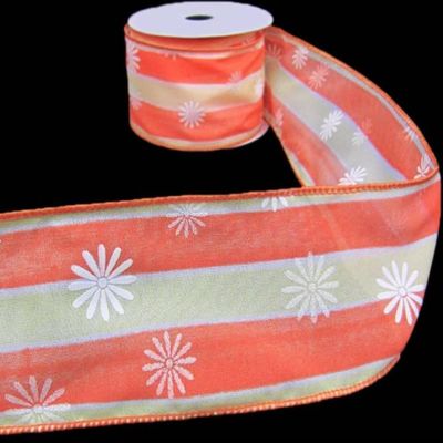 1 Pcs 2 1/2"W Sheer Wired Ribbon Orange Yellow Stripe Daisy Flowers 10 Yards, Ribbon for Gift Wrapping | #AA120RK